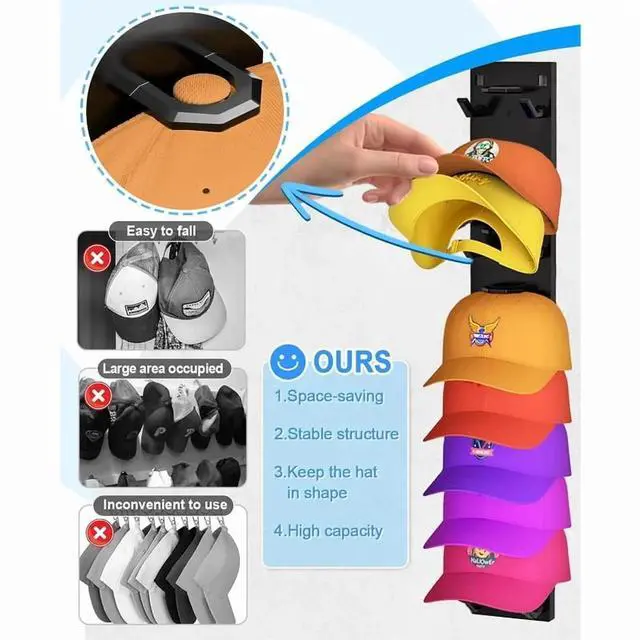 Alt view image 4 of 7 - 2 Hat Organizer Wall Mounted Baseball Cap Rack Black or White Adhesive Mount Holds 18 Hats for Closet Door Bedroom Easy Access Display Installation