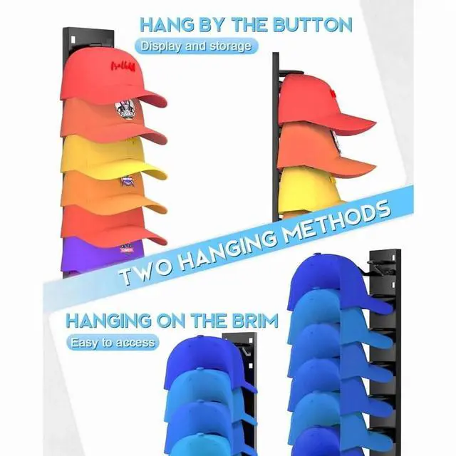 Alt view image 5 of 7 - 2 Hat Organizer Wall Mounted Baseball Cap Rack Black or White Adhesive Mount Holds 18 Hats for Closet Door Bedroom Easy Access Display Installation