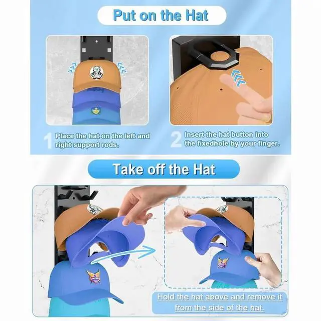 Alt view image 7 of 7 - 2 Hat Organizer Wall Mounted Baseball Cap Rack Black or White Adhesive Mount Holds 18 Hats for Closet Door Bedroom Easy Access Display Installation