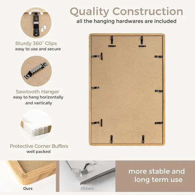 Alt view image 2 of 7 - 16x24 Poster Frame | Solid Oak Wood 16 x 24 Picture Frame | 24x16 Poster Frame With Mat For 12x18 | Tempered Glass And Hanging Hardware Included | 16 By 24 Frame Wood (Natural Oak, 1 Pack)