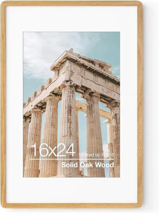 Main image of 16x24 Poster Frame | Solid Oak Wood 16 x 24 Picture Frame | 24x16 Poster Frame With Mat For 12x18 | Tempered Glass And Hanging Hardware Included | 16 By 24 Frame Wood (Natural Oak, 1 Pack)