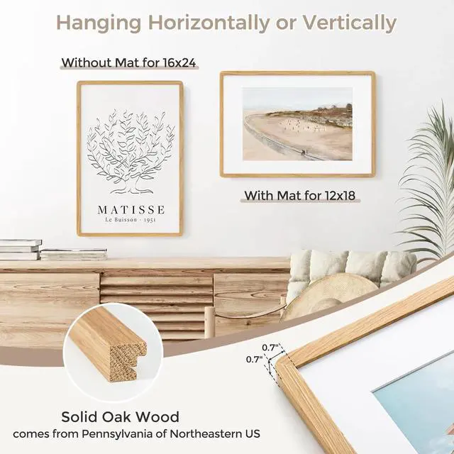 Alt view image 5 of 7 - 16x24 Poster Frame | Solid Oak Wood 16 x 24 Picture Frame | 24x16 Poster Frame With Mat For 12x18 | Tempered Glass And Hanging Hardware Included | 16 By 24 Frame Wood (Natural Oak, 1 Pack)