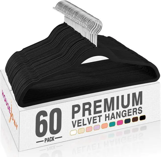 Main image of HOUSE DAY Black Velvet Hangers 60 Pack, Non Slip Clothes Felt Hanger Heavy Duty for Coat, Premium Slim Space Saving Suit Hangers for Closet Organizer, 360° Rotating Silver Hook