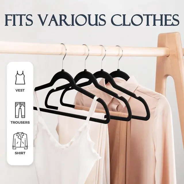 Alt view image 3 of 7 - HOUSE DAY Black Velvet Hangers 60 Pack, Non Slip Clothes Felt Hanger Heavy Duty for Coat, Premium Slim Space Saving Suit Hangers for Closet Organizer, 360° Rotating Silver Hook