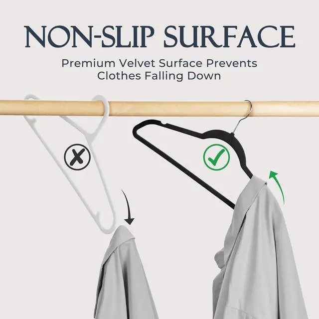 Alt view image 2 of 7 - HOUSE DAY Black Velvet Hangers 60 Pack, Non Slip Clothes Felt Hanger Heavy Duty for Coat, Premium Slim Space Saving Suit Hangers for Closet Organizer, 360° Rotating Silver Hook