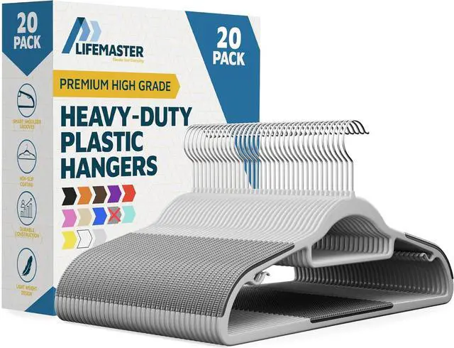 Main image of Plastic Clothes Hanger Set - 20 Pieces Versatile, Lightweight, Space-Saving, Non-Slip, Slim Designed, Dry and Wet Clothes Hanger Set with 360° Swivel Hook and Rubber Coating - Gray