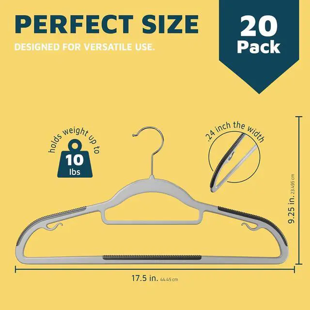 Alt view image 2 of 6 - Plastic Clothes Hanger Set - 20 Pieces Versatile, Lightweight, Space-Saving, Non-Slip, Slim Designed, Dry and Wet Clothes Hanger Set with 360° Swivel Hook and Rubber Coating - Gray
