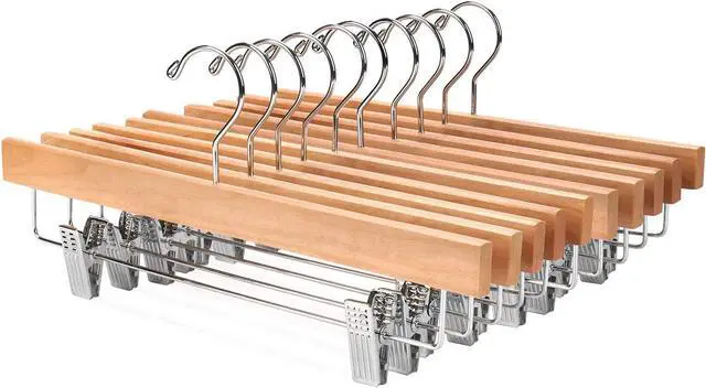 Main image of Nature Smile Solid Lotus Wood Deluxe Wooden Pants Hangers Bottom Hanger Jeans Hanger Skirt Hanger with 2-Adjustable Clips Anti-Rust Hook Pack of 10 (Natural)