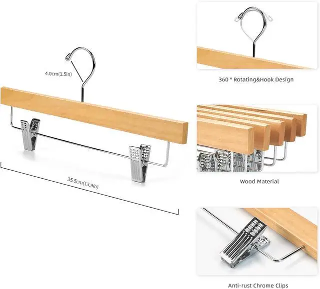 Alt view image 2 of 7 - Nature Smile Solid Lotus Wood Deluxe Wooden Pants Hangers Bottom Hanger Jeans Hanger Skirt Hanger with 2-Adjustable Clips Anti-Rust Hook Pack of 10 (Natural)