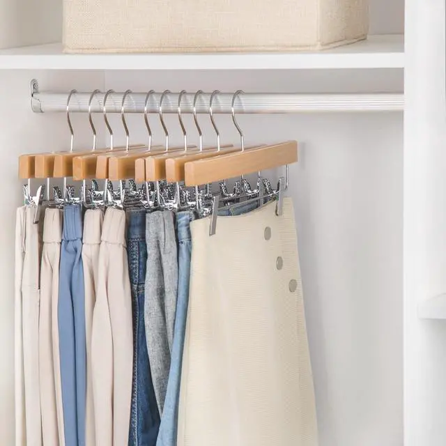 Alt view image 3 of 7 - Nature Smile Solid Lotus Wood Deluxe Wooden Pants Hangers Bottom Hanger Jeans Hanger Skirt Hanger with 2-Adjustable Clips Anti-Rust Hook Pack of 10 (Natural)