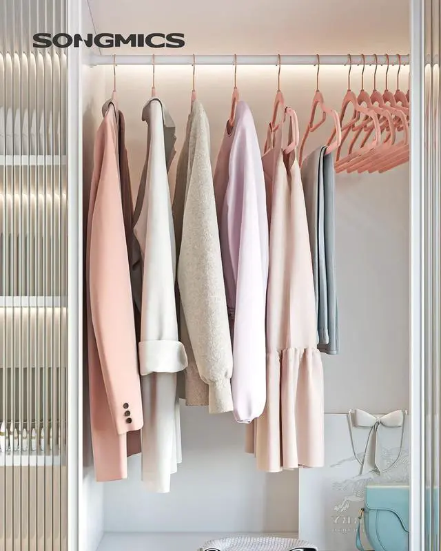 Alt view image 2 of 7 - SONGMICS Velvet Hangers, Set of 50 Clothes Hanger with Rose Gold Swivel Hook, Non-Slip, and Space-Saving, 0.2-Inch Thick, 17.1-Inch Long for Coat, Shirt, Dress, Pants, Tie, Coral Pink UCRF21PK50