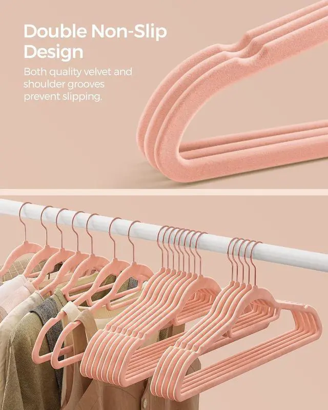 Alt view image 3 of 7 - SONGMICS Velvet Hangers, Set of 50 Clothes Hanger with Rose Gold Swivel Hook, Non-Slip, and Space-Saving, 0.2-Inch Thick, 17.1-Inch Long for Coat, Shirt, Dress, Pants, Tie, Coral Pink UCRF21PK50