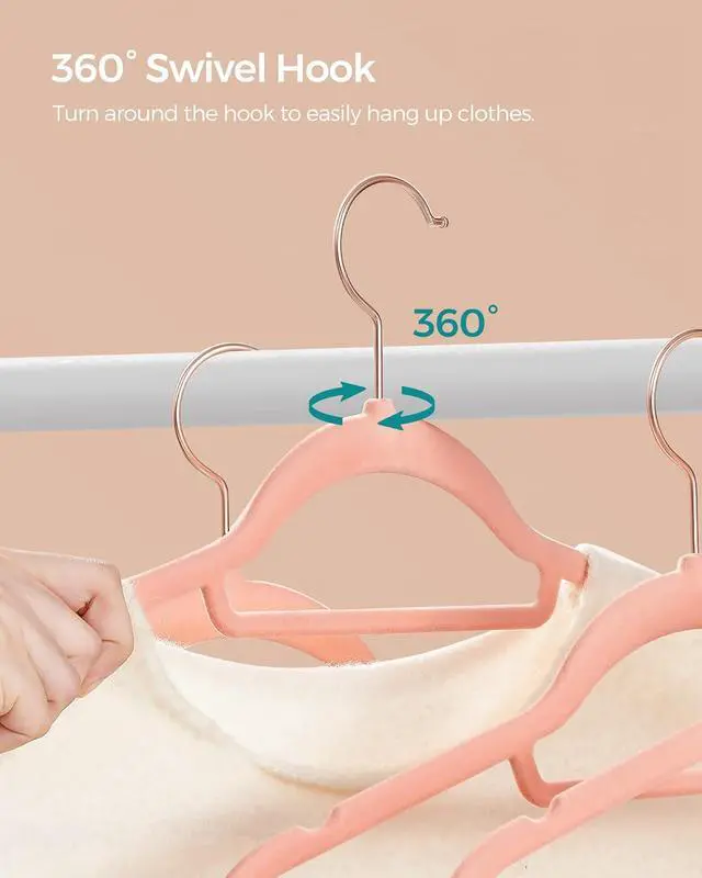 Alt view image 6 of 7 - SONGMICS Velvet Hangers, Set of 50 Clothes Hanger with Rose Gold Swivel Hook, Non-Slip, and Space-Saving, 0.2-Inch Thick, 17.1-Inch Long for Coat, Shirt, Dress, Pants, Tie, Coral Pink UCRF21PK50