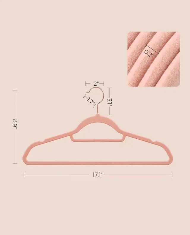 Alt view image 7 of 7 - SONGMICS Velvet Hangers, Set of 50 Clothes Hanger with Rose Gold Swivel Hook, Non-Slip, and Space-Saving, 0.2-Inch Thick, 17.1-Inch Long for Coat, Shirt, Dress, Pants, Tie, Coral Pink UCRF21PK50