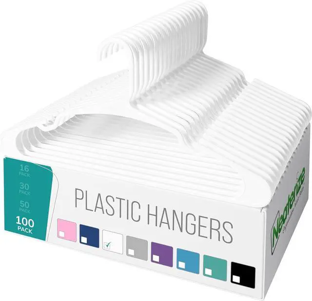 Main image of NEATERIZE Clothes Hangers Plastic 100 Pack For Adults - Plastic Hangers, The Perfect Coat Hanger and Space Saving Clothes Hangers for Closet, Percheros Ganchos para Colgar Ropa Hangars - White Hangers