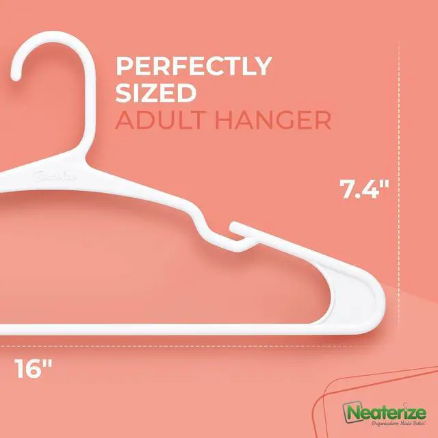 Alt view image 2 of 7 - NEATERIZE Clothes Hangers Plastic 100 Pack For Adults - Plastic Hangers, The Perfect Coat Hanger and Space Saving Clothes Hangers for Closet, Percheros Ganchos para Colgar Ropa Hangars - White Hangers