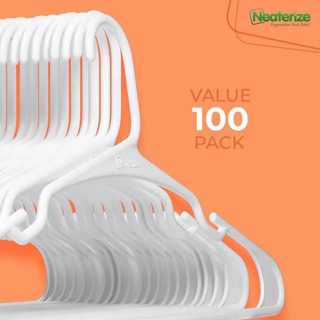 Alt view image 7 of 7 - NEATERIZE Clothes Hangers Plastic 100 Pack For Adults - Plastic Hangers, The Perfect Coat Hanger and Space Saving Clothes Hangers for Closet, Percheros Ganchos para Colgar Ropa Hangars - White Hangers
