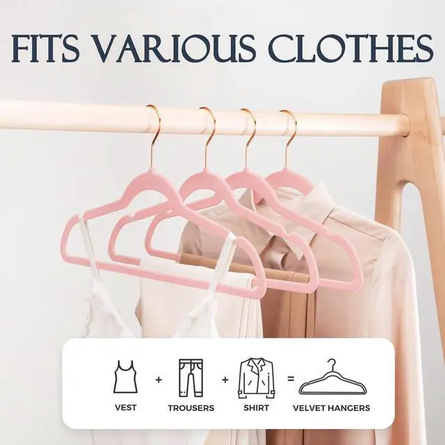 Alt view image 3 of 7 - HOUSE DAY Pink Velvet Hangers 60 Pack, Premium Non-Slip Felt Clothes, Sturdy Heavy Duty Coat, Durable Hangers for Suits, Space Saving with No Hanger Mark, 360° Swivel Rotating Rose Gold Hook