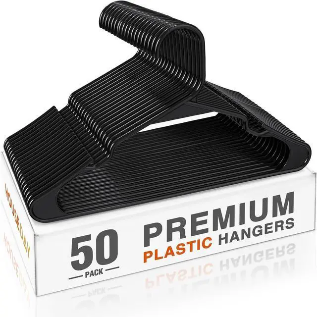 Main image of HOUSE DAY Plastic Hangers 50 Pack - Black Clothes Hangers with Non-Slip Shoulder Grooves, Durable and Sturdy Coat Hanger, Space Saving Slim Design Perfect for Closet Organizers and Storage
