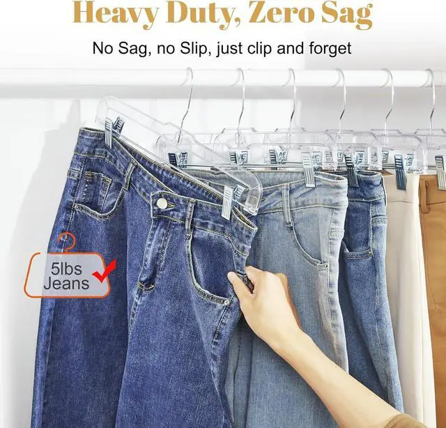 Alt view image 3 of 7 - HOUSE DAY 12 Pack 14 inch Clear Plastic Skirt Hangers with Adjustable Clips, Pants Hangers 360-Rotating Swivel Hook, Clip Hangers for Pants, Trousers, Skirts, Jeans, Bulk Plastic Hangers