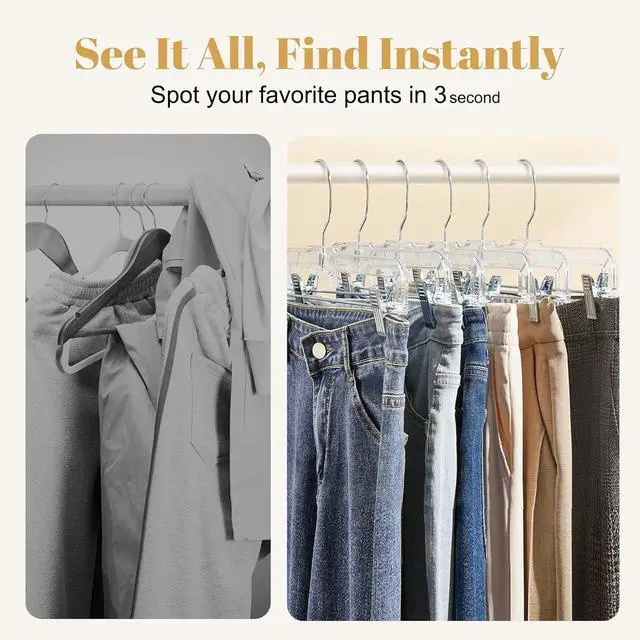 Alt view image 4 of 7 - HOUSE DAY 12 Pack 14 inch Clear Plastic Skirt Hangers with Adjustable Clips, Pants Hangers 360-Rotating Swivel Hook, Clip Hangers for Pants, Trousers, Skirts, Jeans, Bulk Plastic Hangers