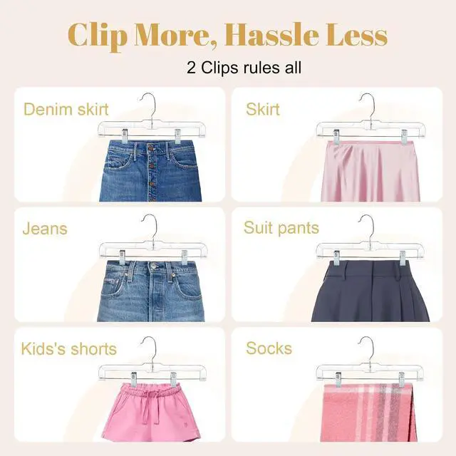 Alt view image 6 of 7 - HOUSE DAY 12 Pack 14 inch Clear Plastic Skirt Hangers with Adjustable Clips, Pants Hangers 360-Rotating Swivel Hook, Clip Hangers for Pants, Trousers, Skirts, Jeans, Bulk Plastic Hangers