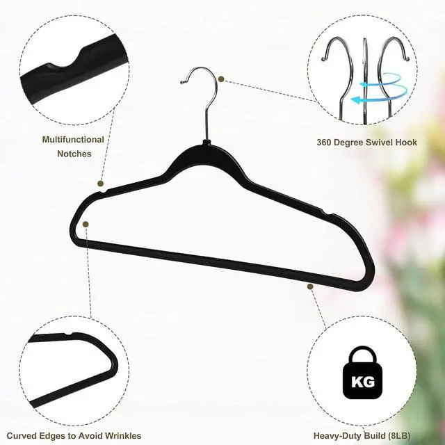 Alt view image 5 of 7 - Quality Hangers 20 Pack Plastic Hangers for Clothes - Slim Non-Velvet Hangers with 360° Swivel Chrome Hook & Non Slip Notches - Ideal for Dresses Coats Shirts Jackets & More - Black