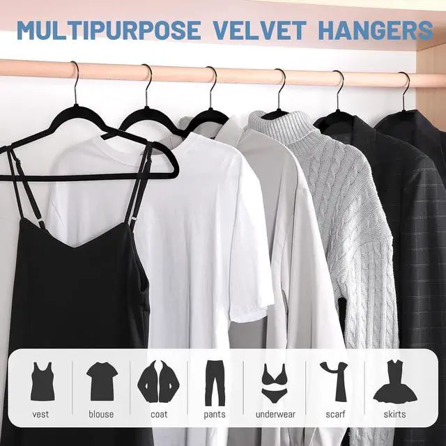 Alt view image 2 of 7 - HOUSE DAY Black Velvet Hangers 60 Pack, Non Slip Felt Hanger, Slim Velvet Clothes Hangers for Suits, Shirt, Heavy Duty Coat Hanger for Closet