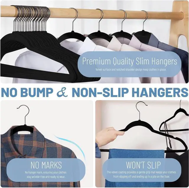 Alt view image 3 of 7 - HOUSE DAY Black Velvet Hangers 60 Pack, Non Slip Felt Hanger, Slim Velvet Clothes Hangers for Suits, Shirt, Heavy Duty Coat Hanger for Closet