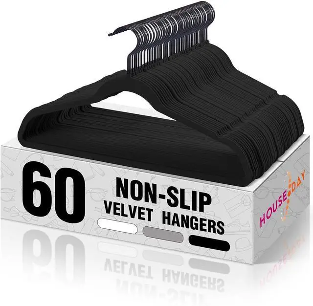 Main image of HOUSE DAY Black Velvet Hangers 60 Pack, Non Slip Felt Hanger, Slim Velvet Clothes Hangers for Suits, Shirt, Heavy Duty Coat Hanger for Closet