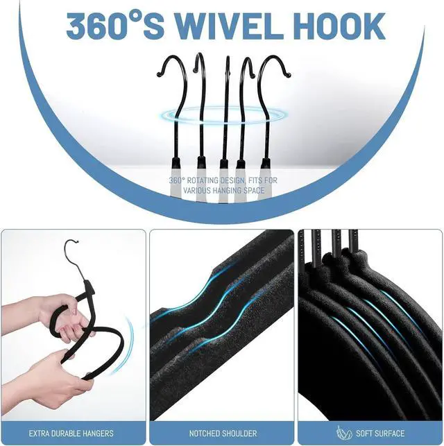 Alt view image 5 of 7 - HOUSE DAY Black Velvet Hangers 60 Pack, Non Slip Felt Hanger, Slim Velvet Clothes Hangers for Suits, Shirt, Heavy Duty Coat Hanger for Closet