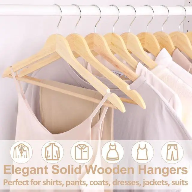 Alt view image 2 of 7 - Wooden Hangers 20 Pack, Solid Wood Hanger with 360 Swivel Chrome Hook, Smooth Finish & Precisely Cut Notches, Slim Wooden Coat Hangers for Closet, Natural