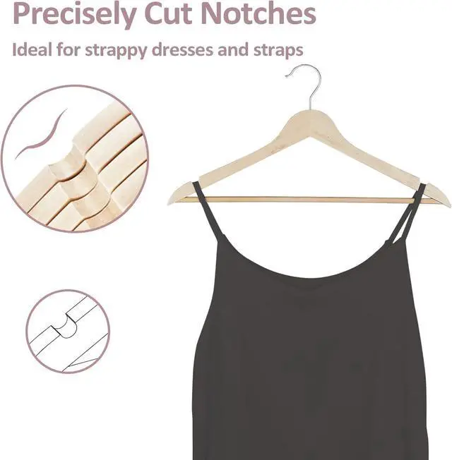 Alt view image 3 of 7 - Wooden Hangers 20 Pack, Solid Wood Hanger with 360 Swivel Chrome Hook, Smooth Finish & Precisely Cut Notches, Slim Wooden Coat Hangers for Closet, Natural