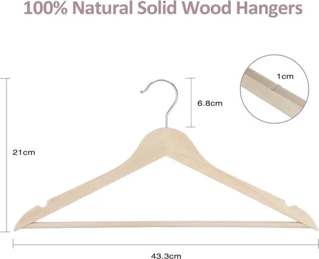 Alt view image 7 of 7 - Wooden Hangers 20 Pack, Solid Wood Hanger with 360 Swivel Chrome Hook, Smooth Finish & Precisely Cut Notches, Slim Wooden Coat Hangers for Closet, Natural
