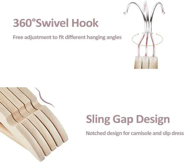Alt view image 4 of 7 - Wooden Hangers 20 Pack, Solid Wood Hanger with 360 Swivel Chrome Hook, Smooth Finish & Precisely Cut Notches, Slim Wooden Coat Hangers for Closet, Natural