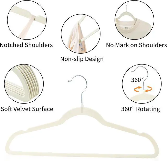 Alt view image 6 of 7 - ELONG HOME Velvet & Slim Felt Hangers 50 Pack, Beige 360 Swivel Hook Non-Slip Adult Hangers for Coats, Pants & Dress Clothes