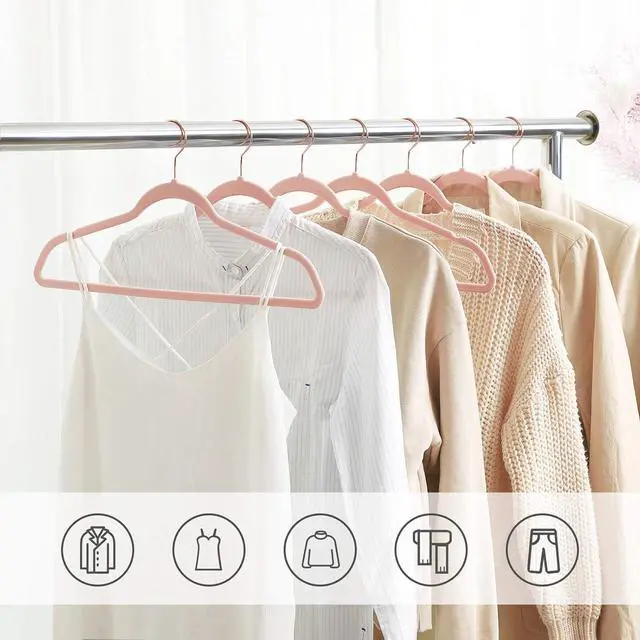 Alt view image 3 of 7 - SONGMICS Velvet Hangers - 50 Pack, Non-Slip Hangers with Rose Gold Swivel Hooks, Slim Space-Saving, Heavy-Duty, Pink