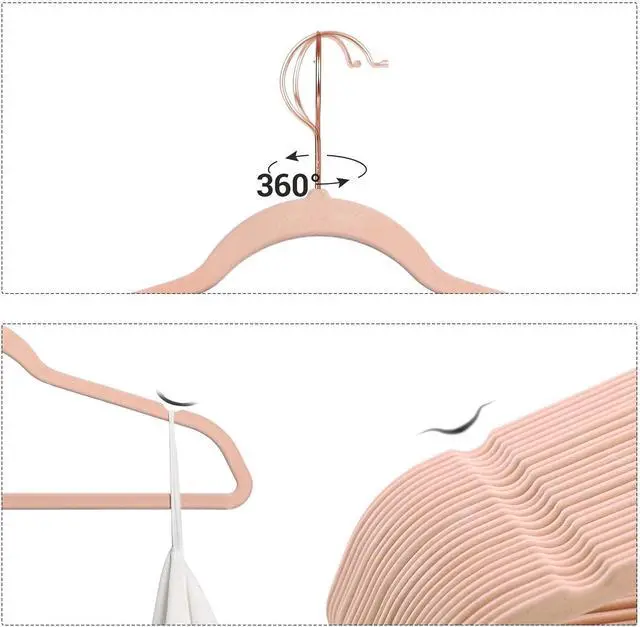 Alt view image 4 of 7 - SONGMICS Velvet Hangers - 50 Pack, Non-Slip Hangers with Rose Gold Swivel Hooks, Slim Space-Saving, Heavy-Duty, Pink