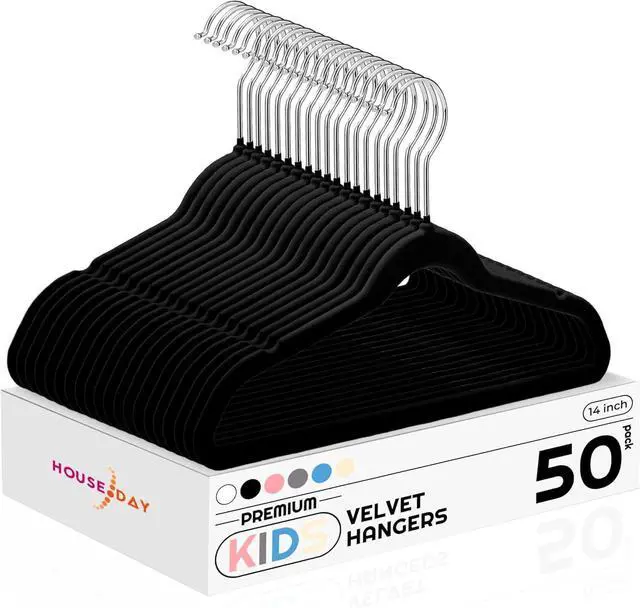 Main image of HOUSE DAY 14 Inch Kids Velvet Hangers 50 Pack, Durable Big Kid Hangers for Youth, Teen, Non Slip Kids Felt Hanger, Cute Childrens Hanger for Closet, Black