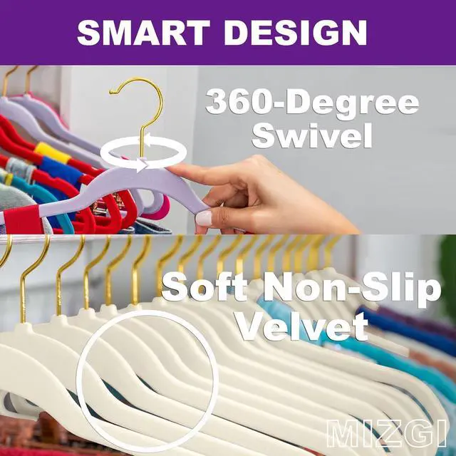 Alt view image 2 of 7 - MIZGI Ivory Velvet Hangers 60 Pack,Premium Gold Clothes Hangers Non-Slip Felt Hangers,Sturdy Ivory Hanger Heavy Duty Coat Durable Suit Hanger for Space Saving, No Flocked Marks