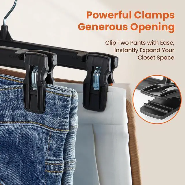 Alt view image 3 of 7 - HOUSE DAY Black Pants Hangers 50 Pack, 12 Inch Skirt Hangers with Non-Slip Big Clips and 360° Swivel Hook, Heavy Duty Slim Plastic Pant Hanger, Space Saving Clip Hanger for Pants, Skirts, Shorts