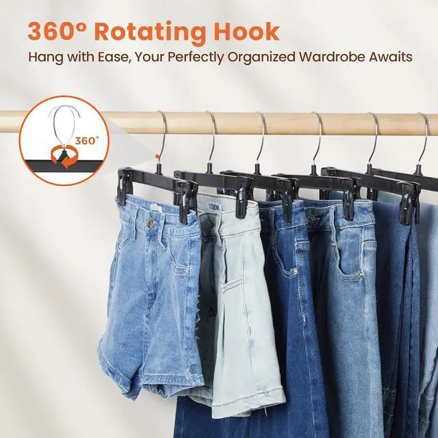 Alt view image 4 of 7 - HOUSE DAY Black Pants Hangers 50 Pack, 12 Inch Skirt Hangers with Non-Slip Big Clips and 360° Swivel Hook, Heavy Duty Slim Plastic Pant Hanger, Space Saving Clip Hanger for Pants, Skirts, Shorts