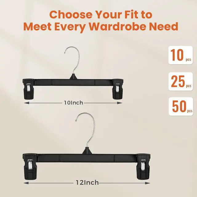 Alt view image 7 of 7 - HOUSE DAY Black Pants Hangers 50 Pack, 12 Inch Skirt Hangers with Non-Slip Big Clips and 360° Swivel Hook, Heavy Duty Slim Plastic Pant Hanger, Space Saving Clip Hanger for Pants, Skirts, Shorts