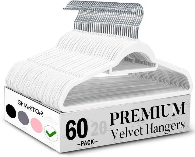 Main image of Smartor White Velvet Hangers 60 Pack, Space Saving Clothes Hangers with Tie Bar, Non-Slip Felt Hanger with Shoulder Notches, Heavy Duty Suit Hanger for Coat, Shirt, Pants, Dress