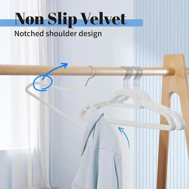 Alt view image 2 of 7 - Smartor White Velvet Hangers 60 Pack, Space Saving Clothes Hangers with Tie Bar, Non-Slip Felt Hanger with Shoulder Notches, Heavy Duty Suit Hanger for Coat, Shirt, Pants, Dress