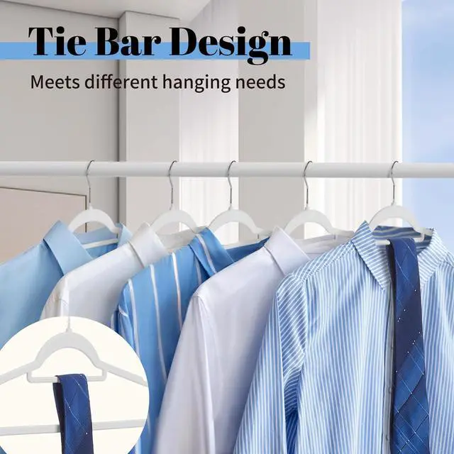 Alt view image 5 of 7 - Smartor White Velvet Hangers 60 Pack, Space Saving Clothes Hangers with Tie Bar, Non-Slip Felt Hanger with Shoulder Notches, Heavy Duty Suit Hanger for Coat, Shirt, Pants, Dress