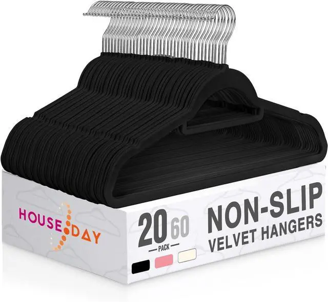 Main image of HOUSE DAY Velvet Hangers 20 Pack, Non-Slip Hangers with Tie Bar, Premium Standard Clothes Hanger Slim Felt Hanger 360° Swivel Hook for Closet Organized StorageElegance Black 72g/Pc