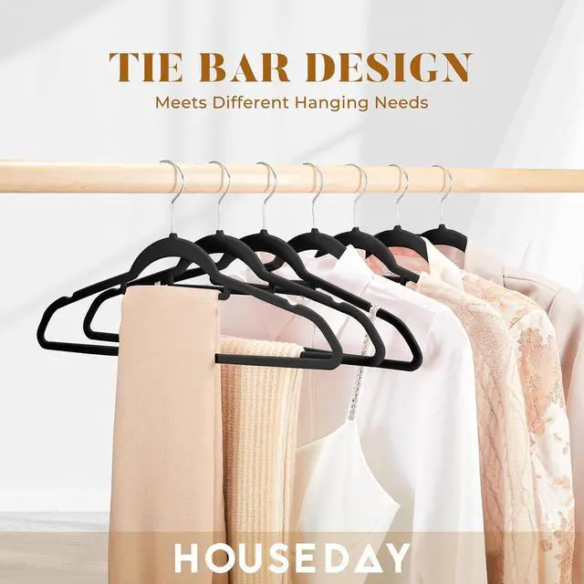 Alt view image 2 of 7 - HOUSE DAY Velvet Hangers 20 Pack, Non-Slip Hangers with Tie Bar, Premium Standard Clothes Hanger Slim Felt Hanger 360° Swivel Hook for Closet Organized StorageElegance Black 72g/Pc