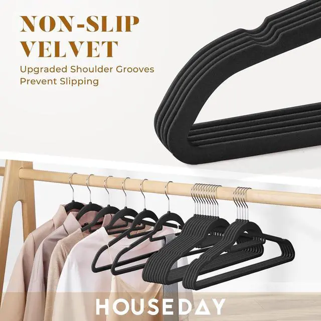 Alt view image 3 of 7 - HOUSE DAY Velvet Hangers 20 Pack, Non-Slip Hangers with Tie Bar, Premium Standard Clothes Hanger Slim Felt Hanger 360° Swivel Hook for Closet Organized StorageElegance Black 72g/Pc