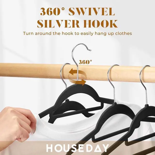 Alt view image 4 of 7 - HOUSE DAY Velvet Hangers 20 Pack, Non-Slip Hangers with Tie Bar, Premium Standard Clothes Hanger Slim Felt Hanger 360° Swivel Hook for Closet Organized StorageElegance Black 72g/Pc